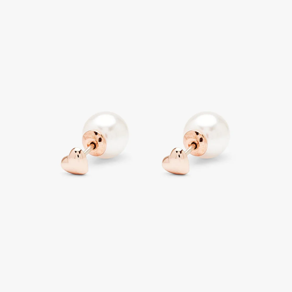 Pearl & Heart Double Stud Rose Gold